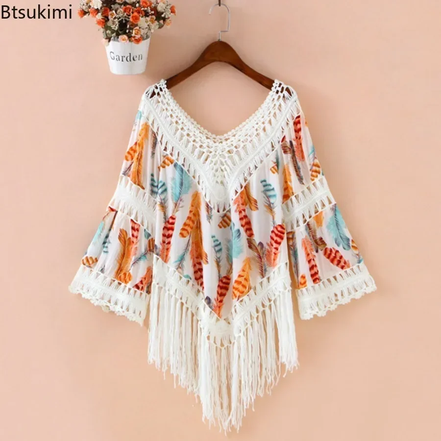 2025 Women's Summer Bohemia Style Cotton Linen Tassel Cover-ups Blouse V-neck Flare Sleeved Female Beach Holiday Outwear Tops