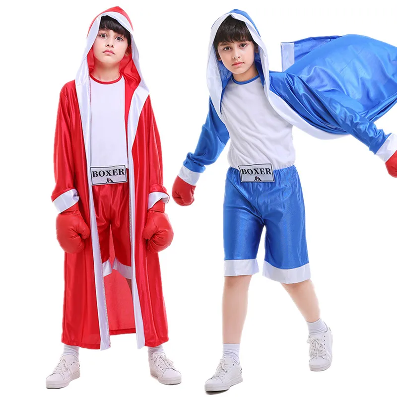 

Children Boxer Cosplay Uniform Boys Halloween Carnival Party Kids tracksuit Red and Blue Jumpsuit Robe Boxing Match Costume