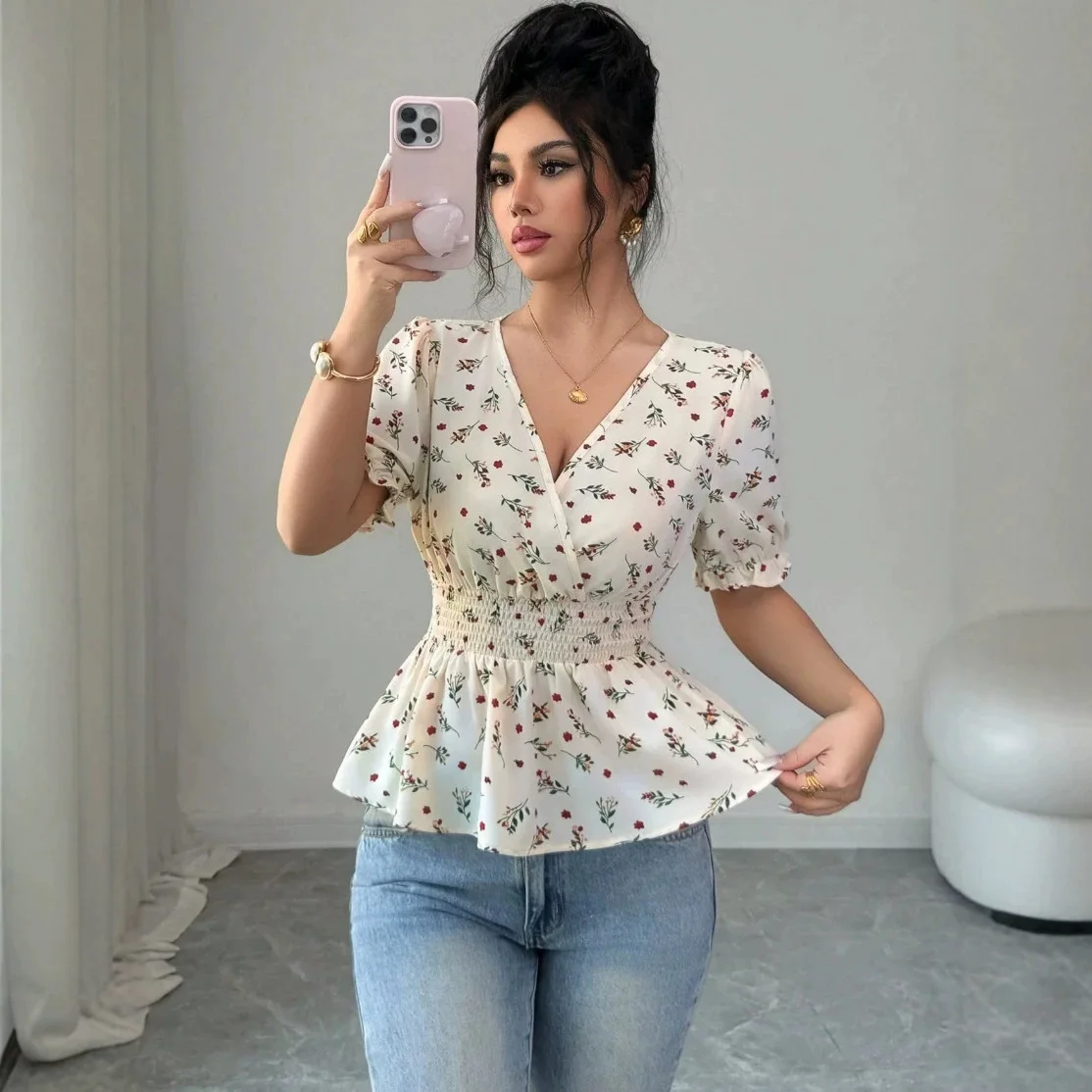 

2026 Women's Floral Print Waist-cinching Short-sleeve Top Is Elegant And Charming Vestidos Robe Beach Clothes