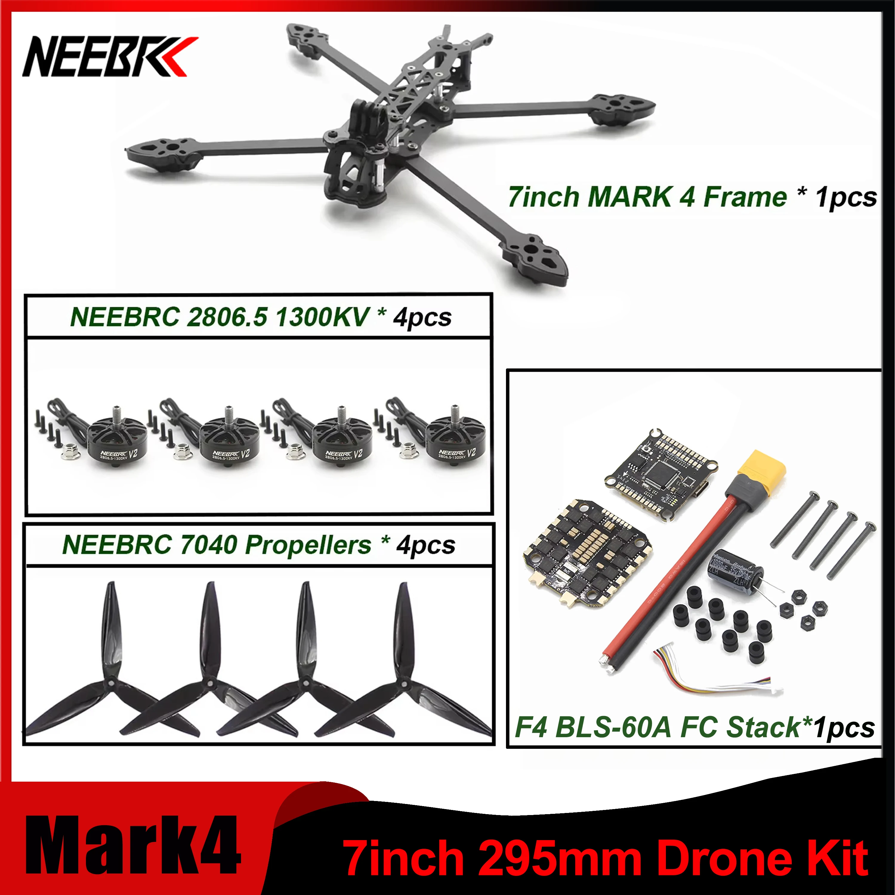 Mark4 7 Inch 295mm Drone Kit & 2806.5 KV1300 6S Brushless Motor & F4V3S Plug Flight Control & 60A 4-in-1 ESC Stack For FPV Dron