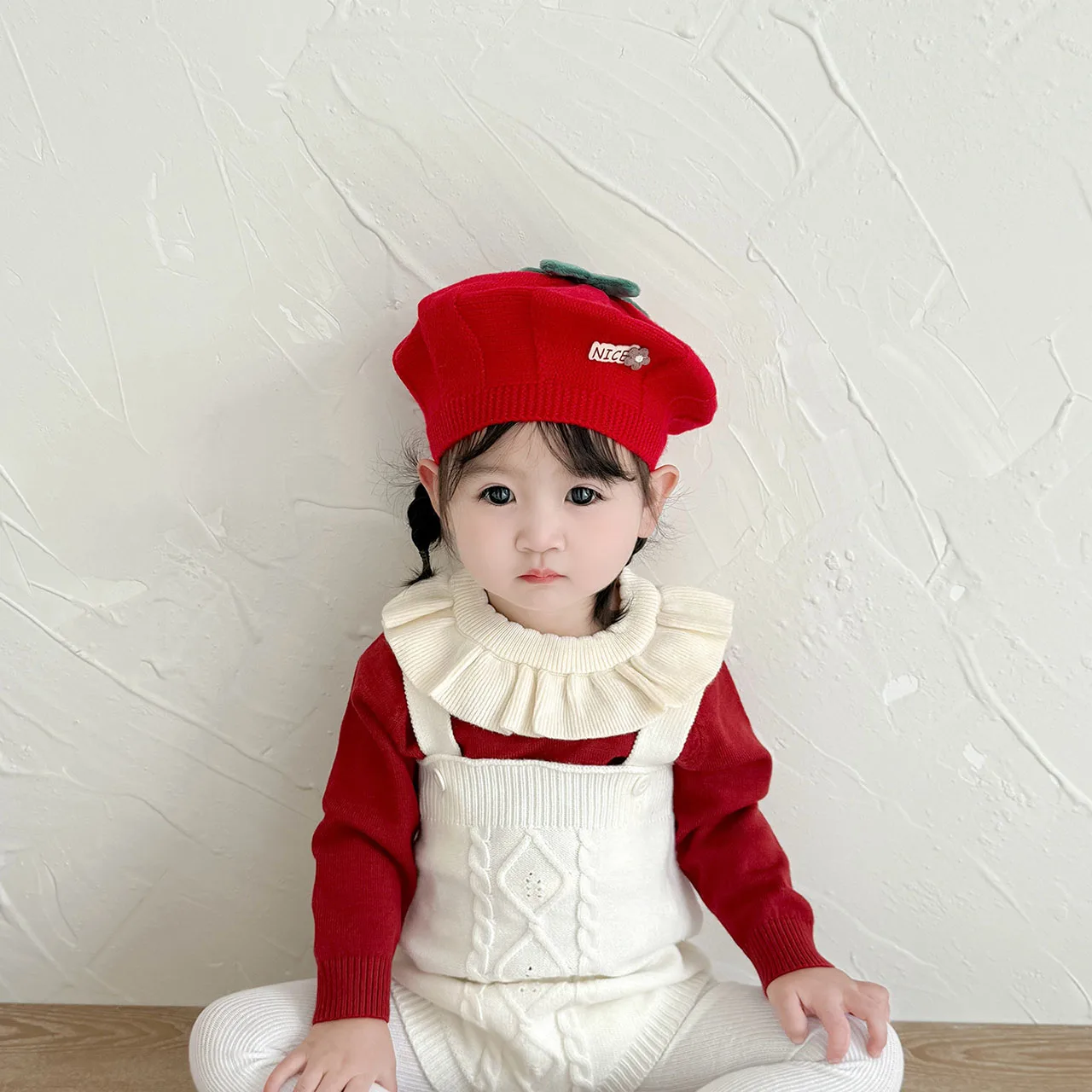 Winter Warm Knit Bow Beret Cute Children Artist Painter Cap Solid Color Woolen Hat Flower Crochet Bonnet 6-30Month Kids Beanies