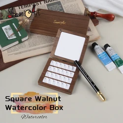 SeamiArt 1pc Black Walnut Wood Square Painting Box with Palette 0.5ml Half Pans for Watercolor Subpackage Storage Art Supplies