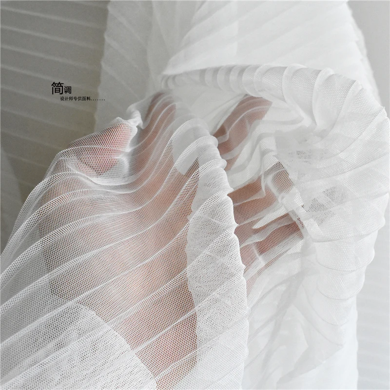 White Pleated Organza Sheer Fabric Pressed Pleated Three-dimensional Soft Mesh Pleated Heavy Texture Designer Clothing Fabrics