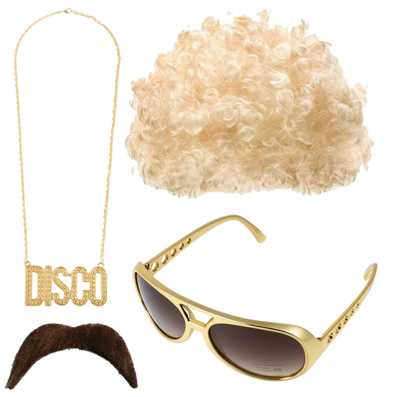 3/4 pçs conjunto 70s 80s peruca de discoteca com bigode óculos colar corrente, cabelo sintético afro masculino rocker festa de halloween vestir-se