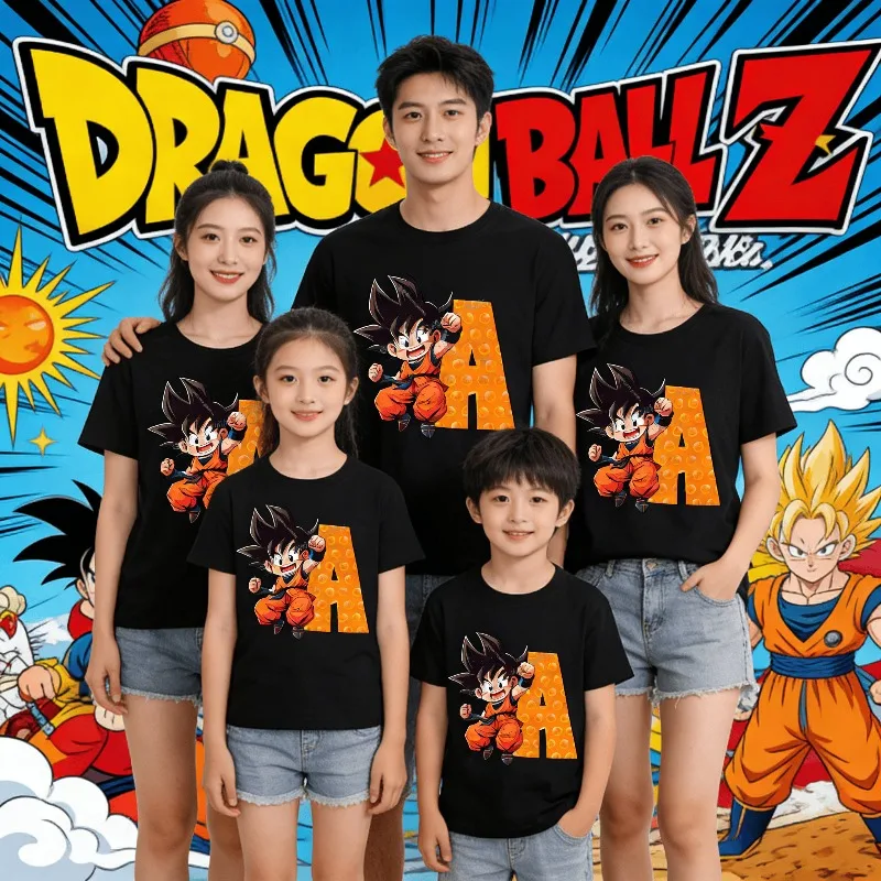 Camiseta de Dragon Ball Goku de algodón para niños, camiseta con letras A-Z, ropa negra con cuello redondo, ropa de verano para niños y niñas, manga corta para niños