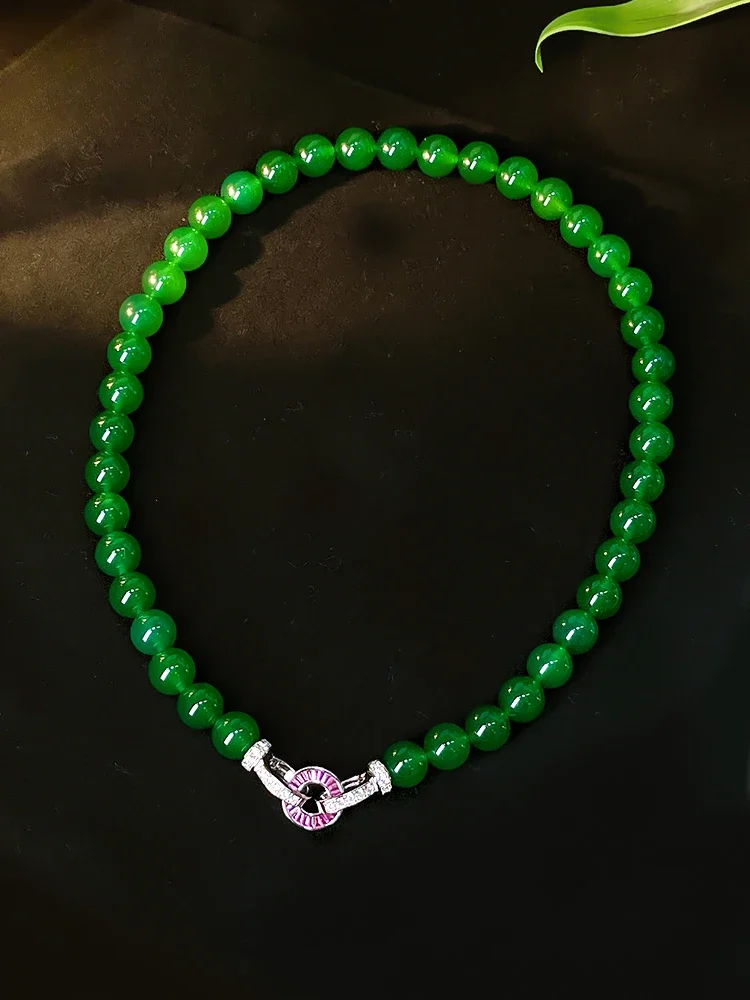 2024 New 10mm Natural Green Jade Bead String, Full of Green Temperament, Retro New Chinese Necklace, Collarbone Chain