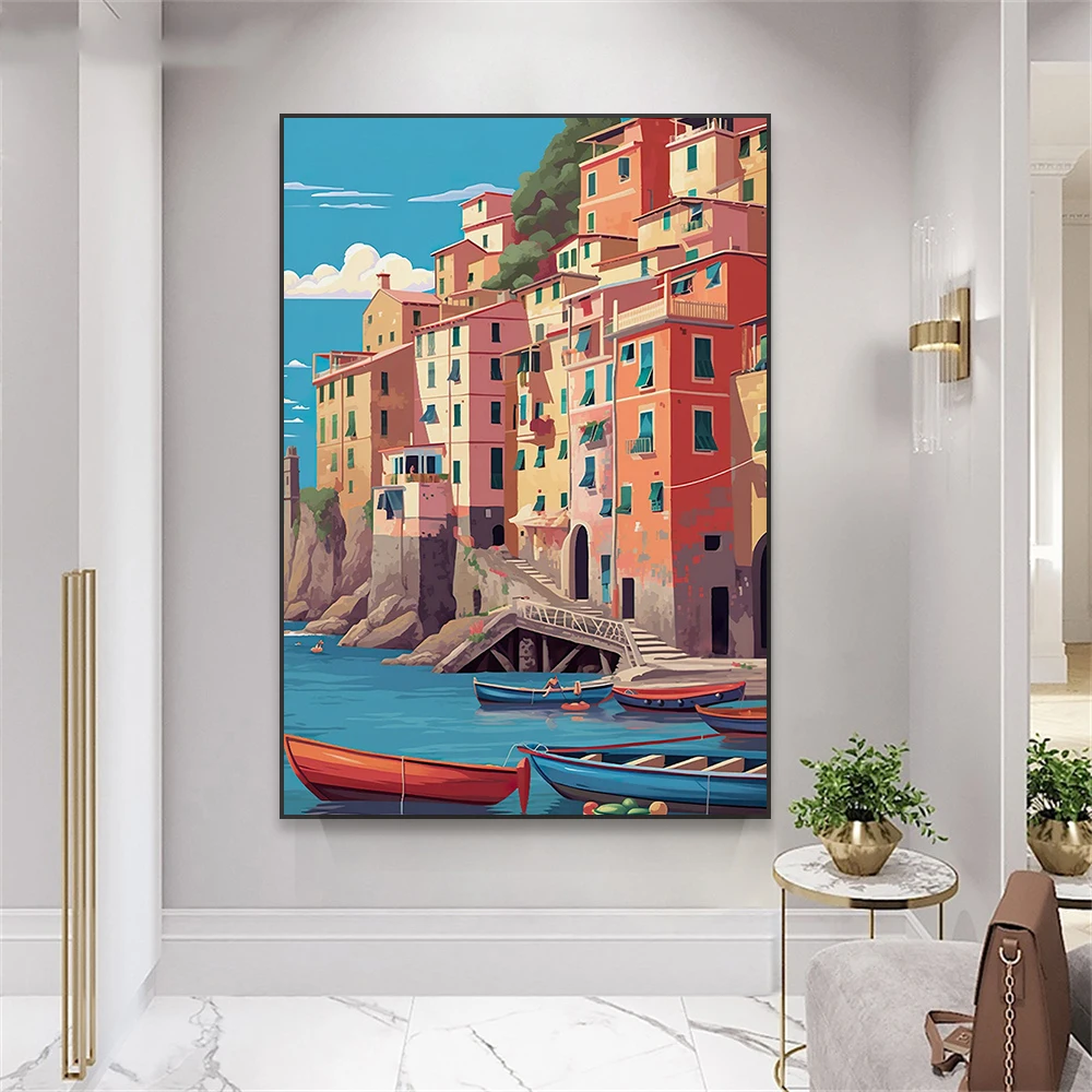 Colorful Landscape Art Poster Beautiful View over Cinque Terre Print Italy Modern Cartoon Canvas Painting  Living Room Decor