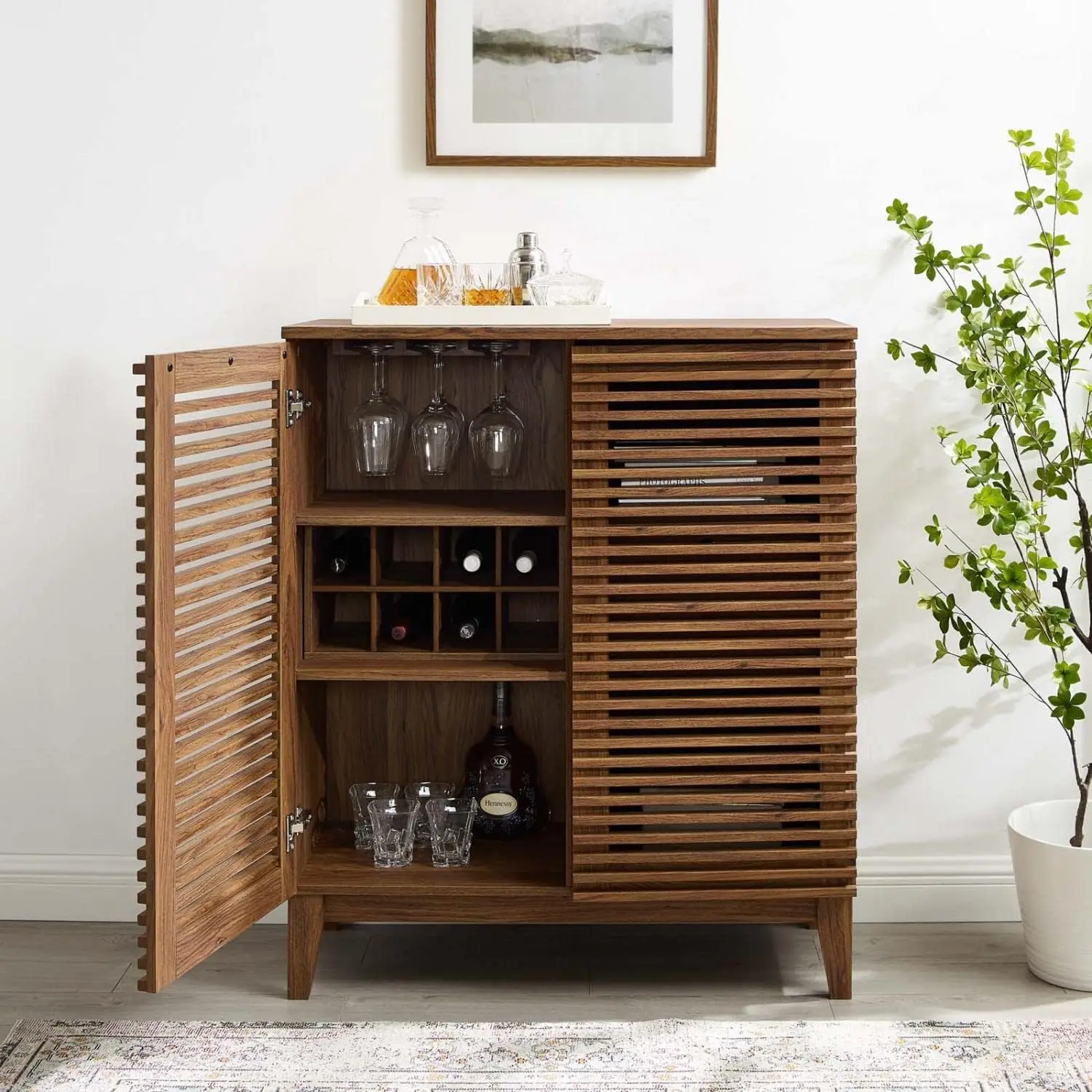 Render Mid-Century Modern Wine Rack Storage, Bar Cabinet, Walnut