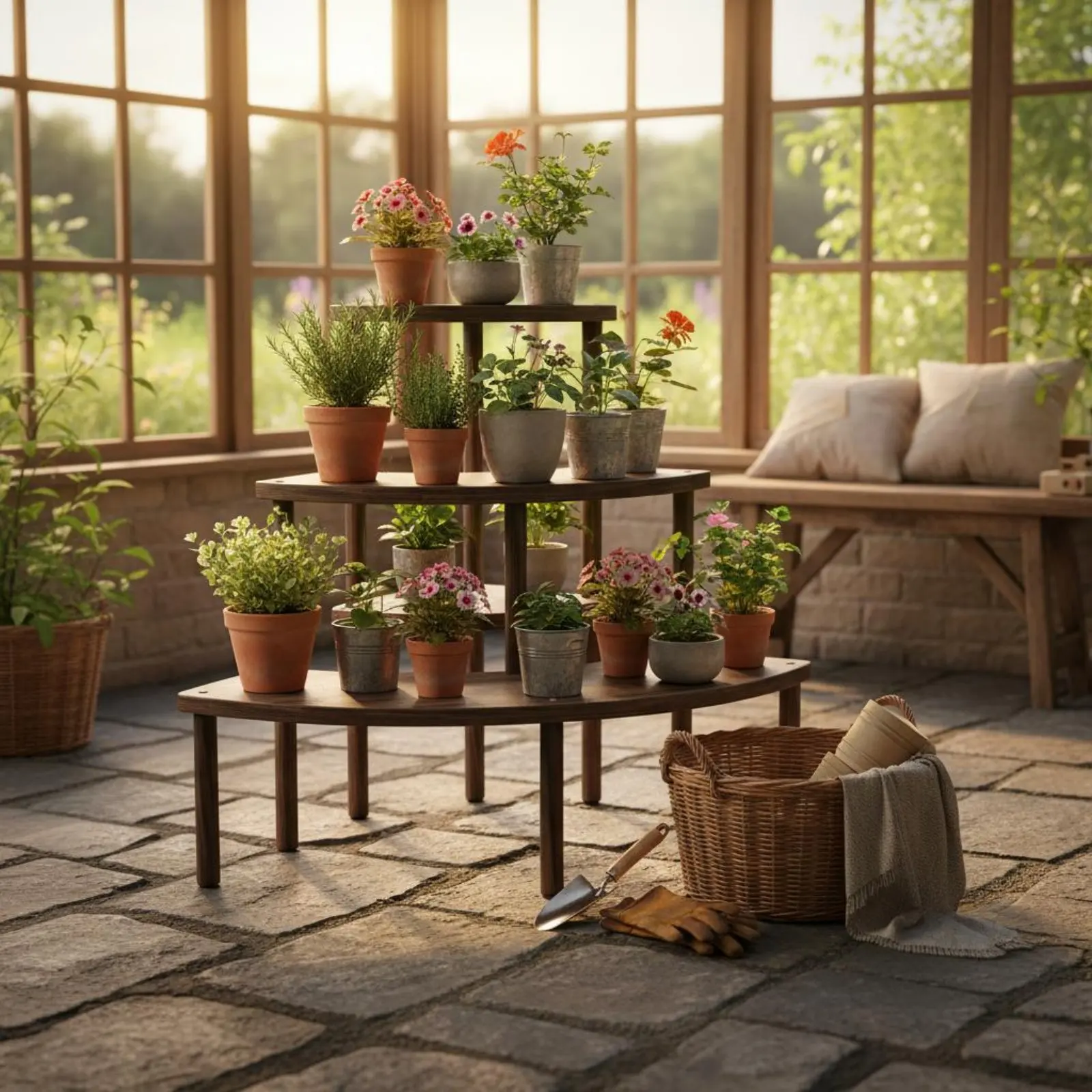 多層木製植物スタンド-安定性と頑丈さを備えた床置き耐乾燥性植物ホルダー-木製ポットディスプレイ棚-省スペース