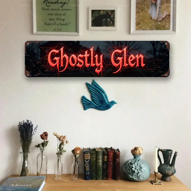 قطعة واحدة من لافتة معدنية، مقاس 4 × 16 بوصة "علامة "Ghostly Glen" لديكور الهالوين - نمط خشبي ريفي" #5