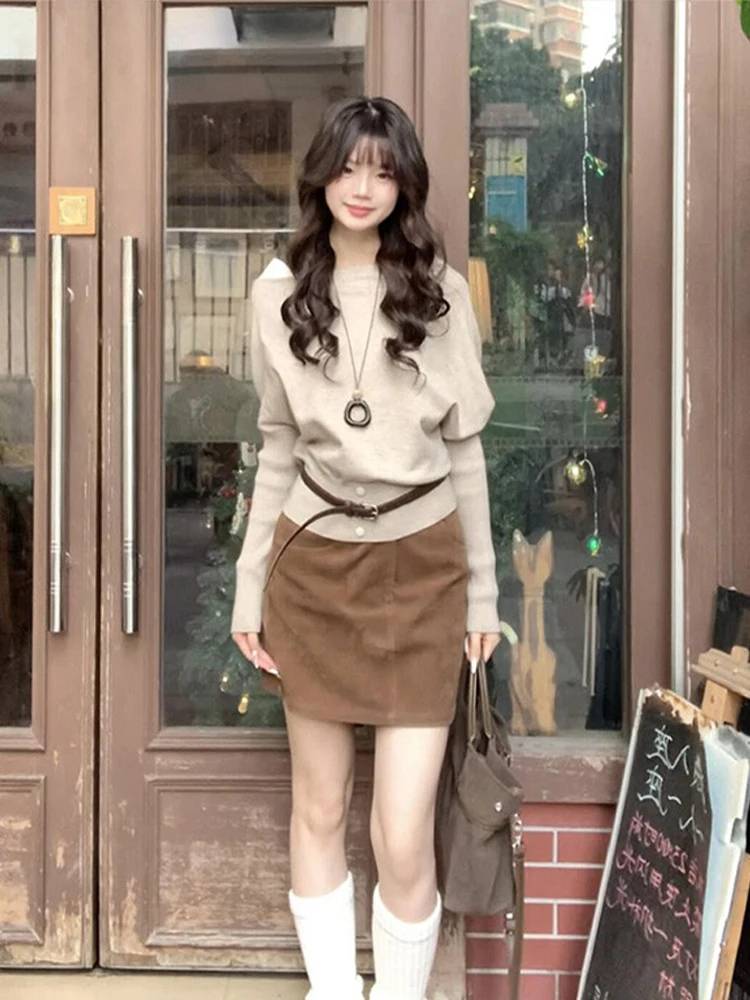 

Oatmeal Shoulder Bared Long Sleeve Knitted Sweater Women's Inner Wear 2026 Spring New Style High Waist Slimming Top