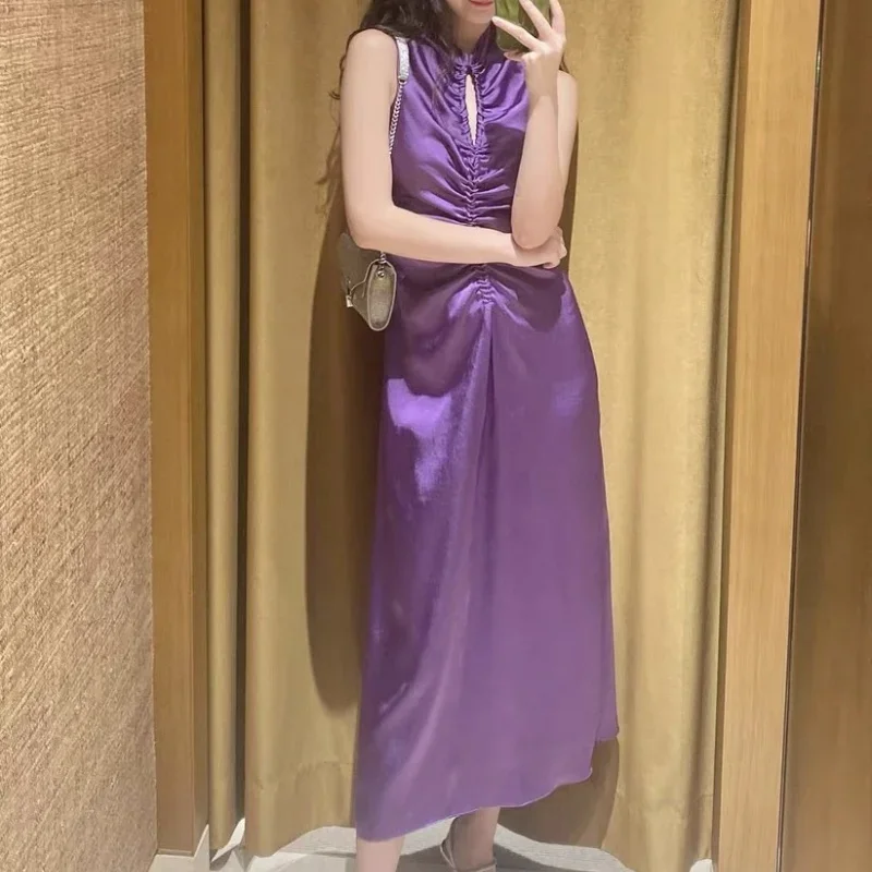 Women Purple Midi Dress Pleated Hollow Out Round Neck Sleeveless Female Robe