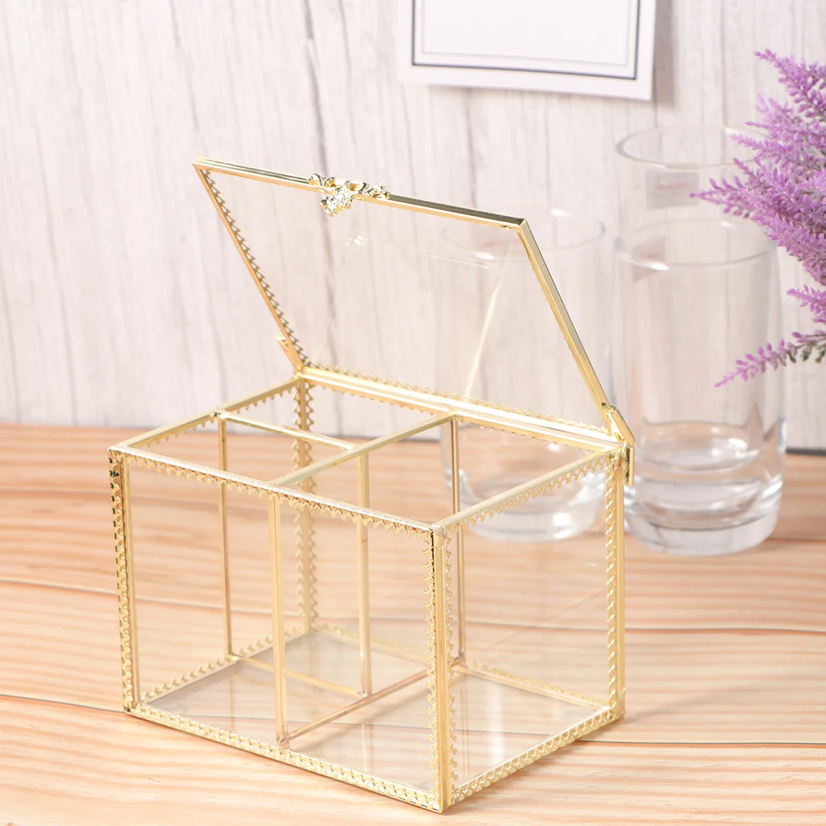 

1Pcs Glass Cosmetics Storage Box Gold Trim Desktop Organizer Jewelry Holder Dustproof Cotton Balls Makeup Pads