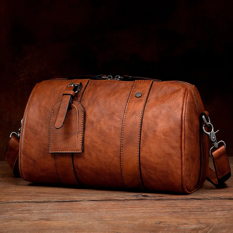 Retro single shoulder bag genuine leather men's bag casual small backpack vegetable tanned cowhide minimalist style bucket bag