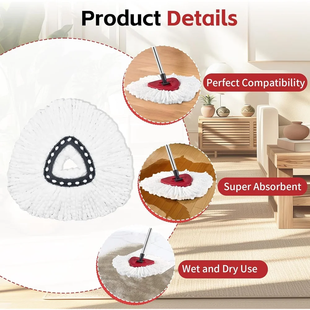 

ABXF-Spin Mop Head Replacement, Base, Handle Microfiber Spin Mops- 2 Refills, 1 Triangle Head Cover Included