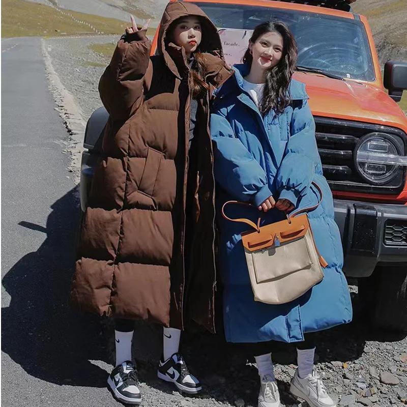 

Brown Women Parka Length Jacket Hooded Solid Blue Coat Baggy Winter NEW Thicken Korean Fashion Casual Female Oversized Outwear