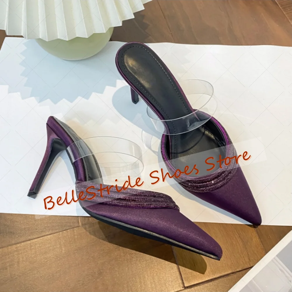 Purple Crystal Pointed Toe PVC Strap Slippers Women Shoes Stilettos High Heels Party Banquet Dating 2025 Zapatos Para Mujere