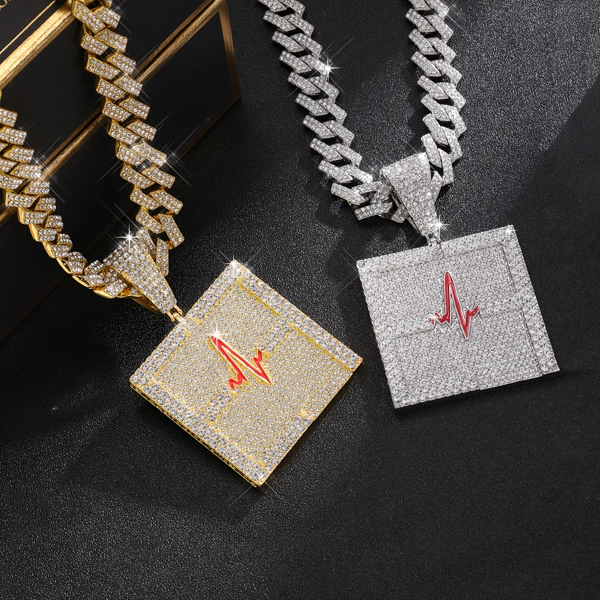 Electrocardiogram Lifeline Geometric Pendant Necklace With Box Buckle Cuban Chain, Hip Hop Jewelry For Men And Women