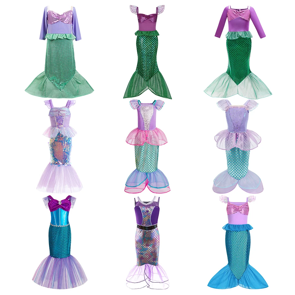 Kids Princess Clothing Summer Ruffles Cosplay Dresses Little Girls Ariel Mermaid Pageant Halloween Fancy Carnival Straps Costume