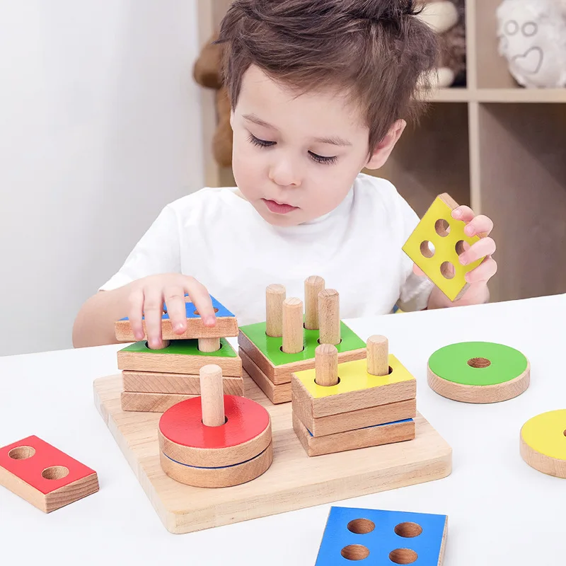 Building Block Four Sets Columns Geometric Sleeve Column Children Montessori Early Education Shape Matching Color Cognitive