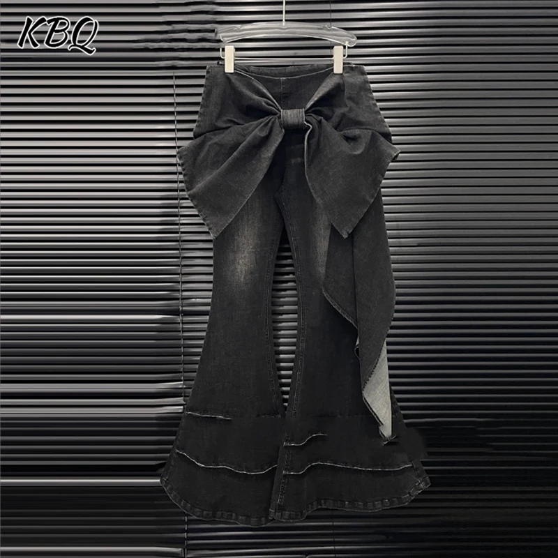 

KBQ однотонные утягивающие брюки-клеш с бантом для женщин, темпераментные джинсовые брюки с высокой талией, женские модные стильные осенние новые брюки