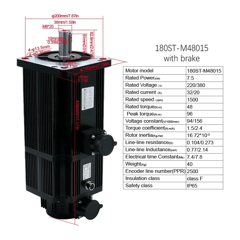 7.5KW Servo Motor 180ST 48N.m 6857ozin MAX96N.m 380V 1500RPM +Servo Drive T3A with RS485 380VAC +2000W Resistance For CNC Lather