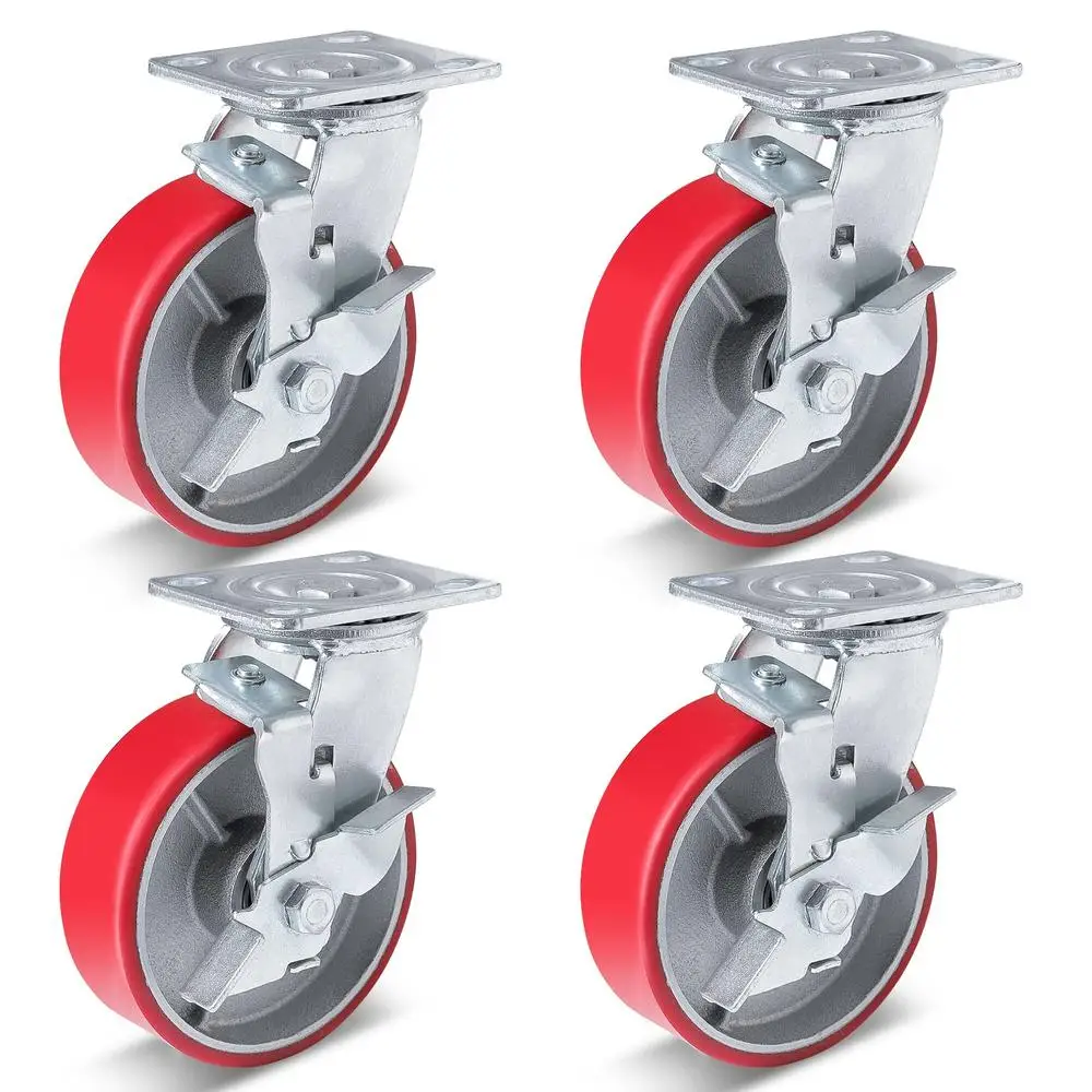 Industrial Casters Set of 4 6 Inch Heavy Duty Polyurethane Wheels on Steel Hub Workbench Caster with Brakes 4800 lbs Capacity