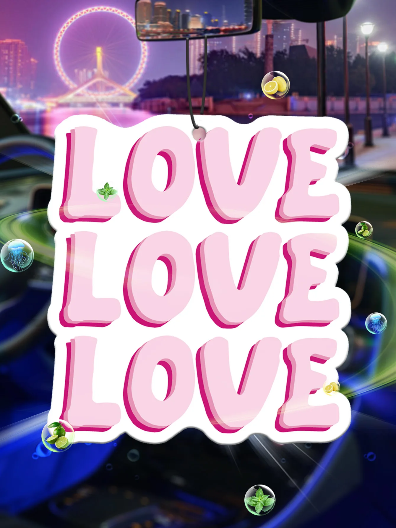 Retro 3D Stacked LOVE Pink Script Hanging Car Air Freshener Scent Card, Natural Plant Extract Fragrance, Alcohol-Free Non-Toxic