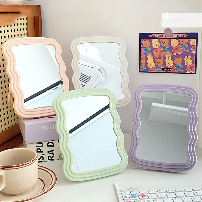 Corrugated Desktop Makeup Mirror Solid Color Simple Portable Handheld Makeup Mirror Foldable Student Compact Cute Mirror