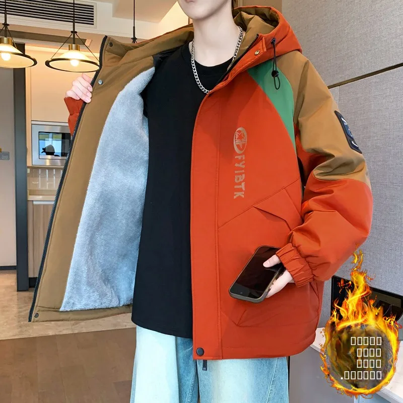 

Подростковая зимняя куртка для мальчиков с флисовой подкладкой, оверсайз, повседневная, с капюшоном, на молнии, из полиэстера, с длинными рукавами, для студентов