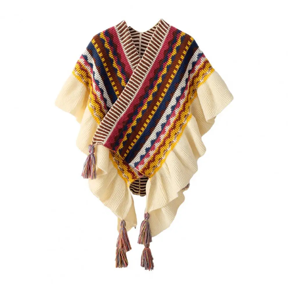 

Ethnic Style Shawl Cozy Winter Wrap Colorful Stripes Print Tassel Shawl with Ruffle Trim Ethnic Style Knitting Cape for Travel