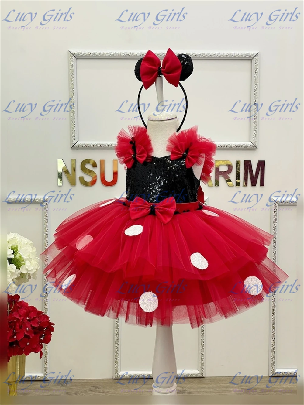

Little Girls Red Flower Girl Dress Tulle Fluffy Layered White Applique For Princess Wedding Kids Birthday Party Ball Gowns