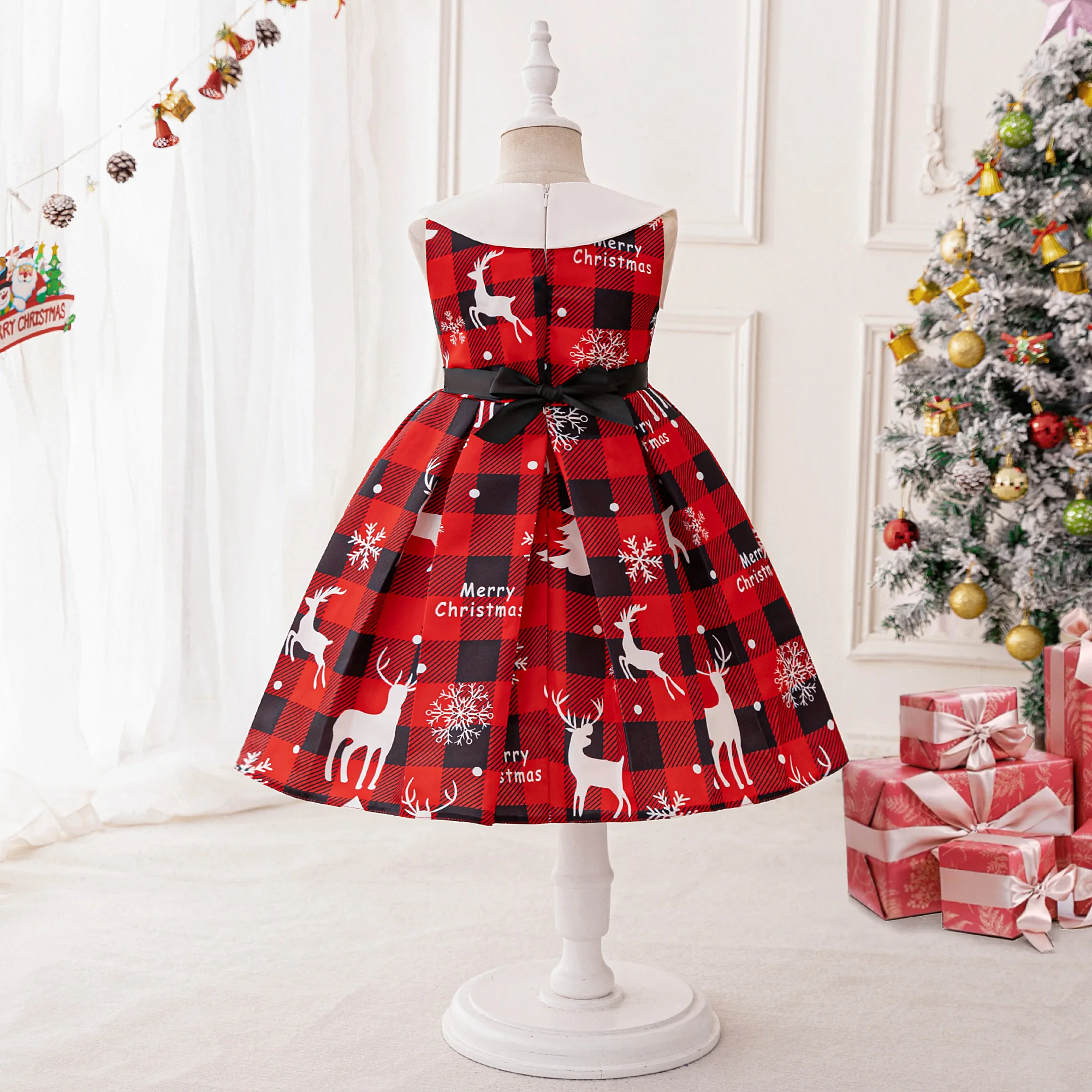 Red Plaid Christmas Deer Girls Party Dresses Snowflake Tree Wedding Birthday Princess Dress for Girl Bridemaid Evening Costumes