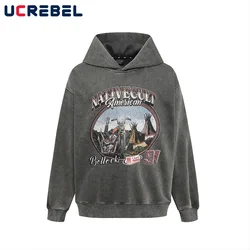 Motorcycle Print Distressed Hoodies Mens Retro High Street Loose Drop Shoulder Long Sleeve Hooded Sweatshirts Men
