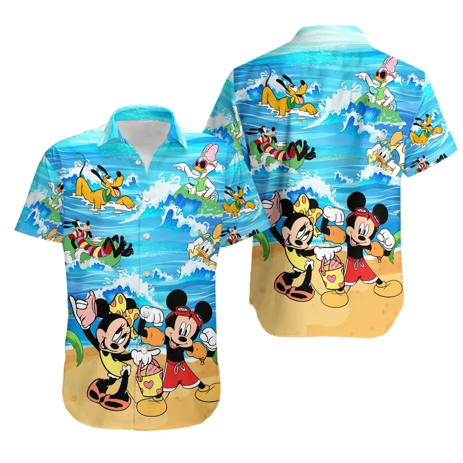 Kemeja Disney Mickey dan Minnie Mouse Pria Wanita, kemeja pantai kasual mode lengan pendek Disney Hawaii