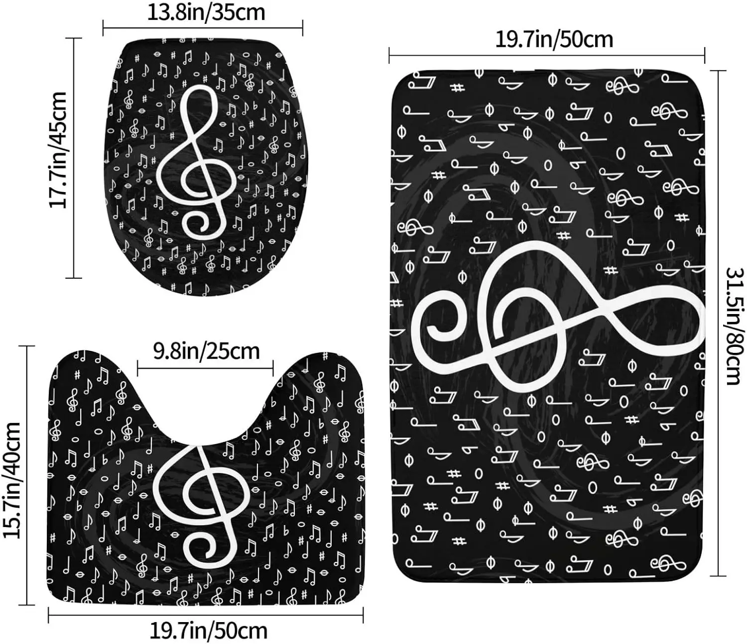 Music Note Bath Mat Set – Musical Symbol 3-Piece Rug for Bathroom, Toilet Lid Cover & U-Shaped Pad, Non-Slip Washable