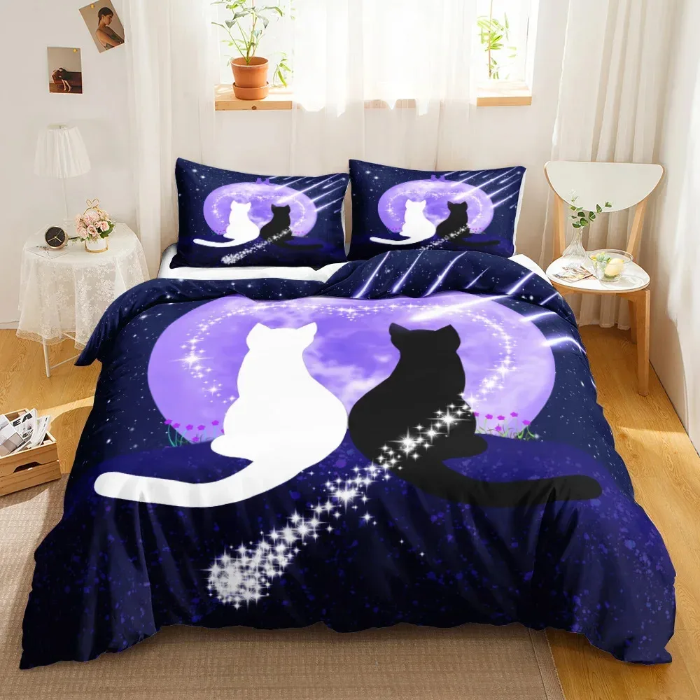 3PCS einseitig bedruckte Bettwäsche-Set, Tröster Cartoon süße Katze Bettdecke Bettwäsche Abdeckung Kissen bequeme Tagesdecken Bettwäsche-Set – Detail 7
