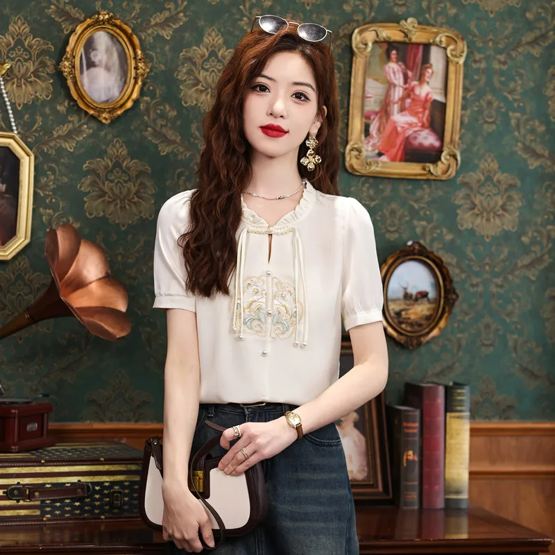 

Chiffon Chinese Style Women's Shirt Summer Vintage Embroidery Blouses Loose Short Sleeve Women Top Fashion Clothing 2024 Korean