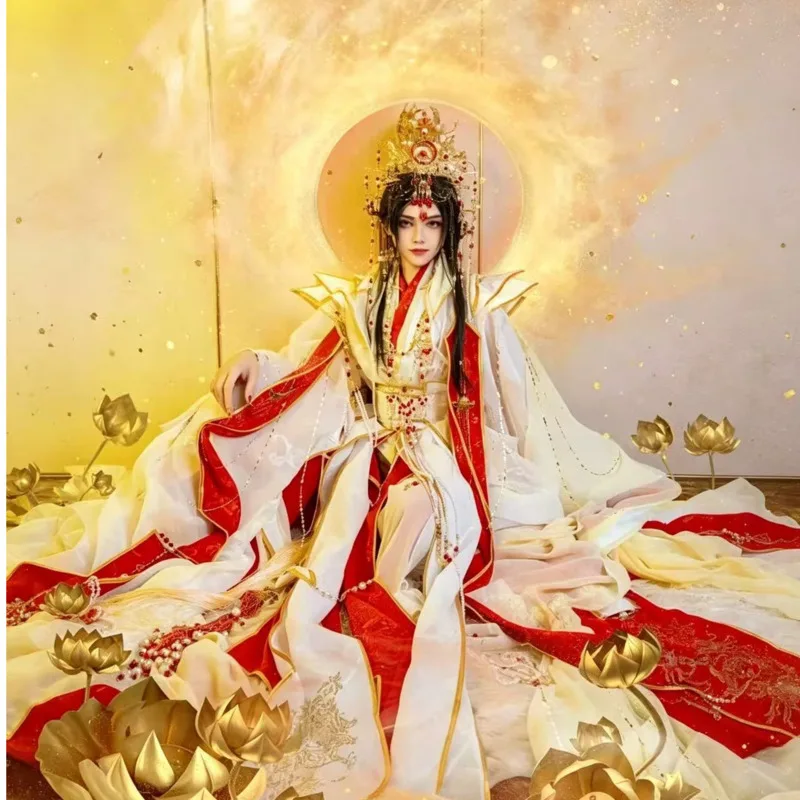 Costume de cosplay d'Halloween style ancien Xie Lian, avec couronne des Officiels Divins et motif Joyful God Prince, rouge, blanc et or, Han Fu