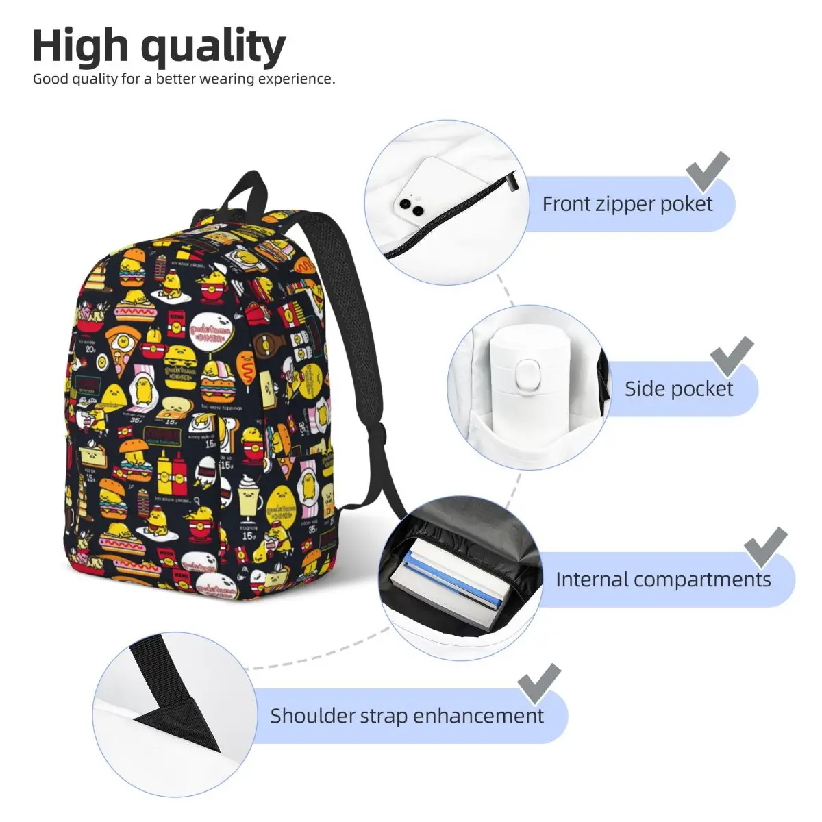 Gudetama Niedlicher Eier-Cartoon-Rucksack, Mittelschule, Schule, Studenten, Büchertaschen, Herren, Damen, Tagesrucksack, Sport