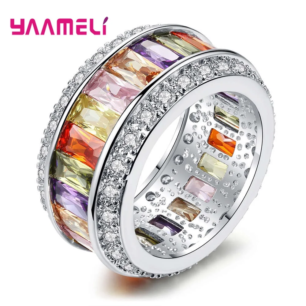 Ring for Women Ladies Statement Wide 925 Sterling Silver Band Baguette Princess Cut Rainbow Cubic Zirconia Jewelry Drop Shipping