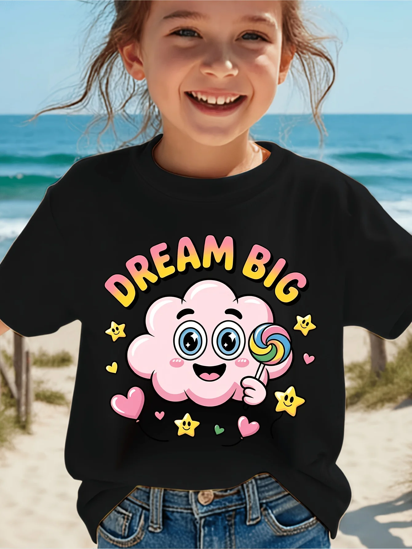 Kids Dream Big Cute Pink Cloud Lollipop Hearts Stars Graphic Tee Boys Girls Family Matching Short Sleeve Casual Daily T Shirt