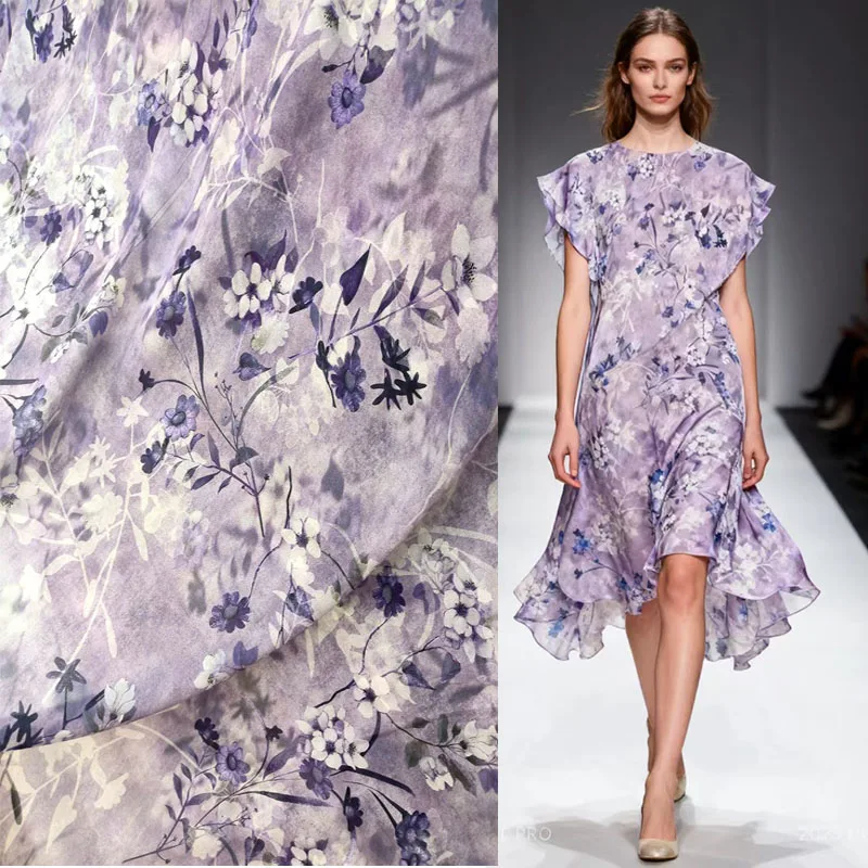 Soft Crepe de Chine 100% Mulberry Silk Fabric On Sale Purple Flowers Summer Dress Designer Sewing Materials Cloth Wholesale Reta