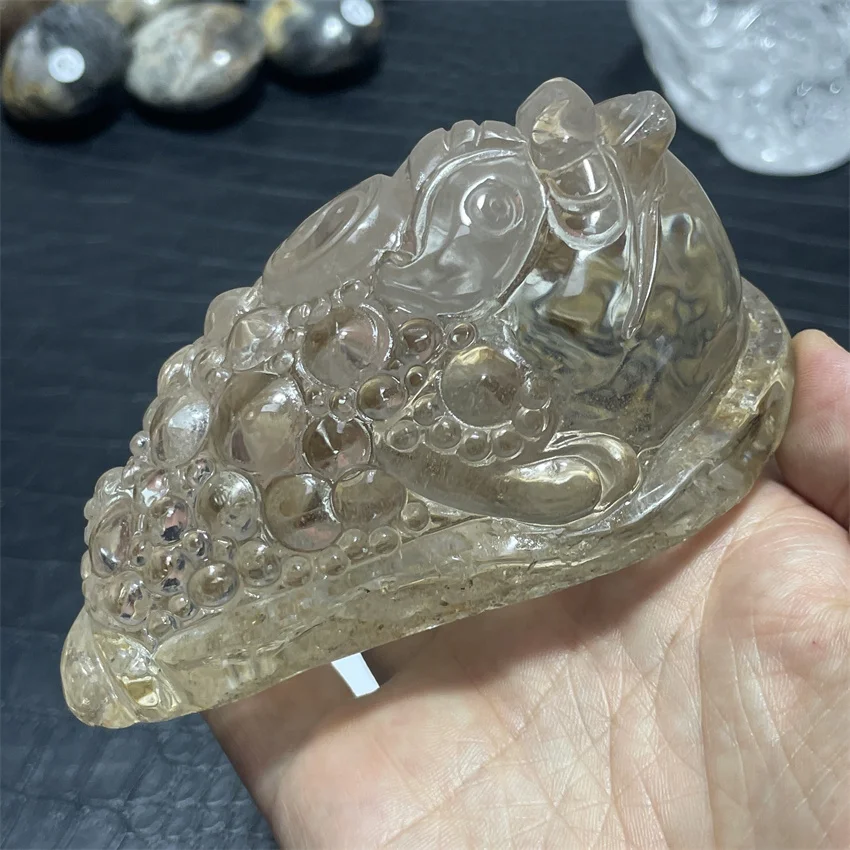 Natural Clear Quartz Smoky Golden Toad Crystal Hand carved