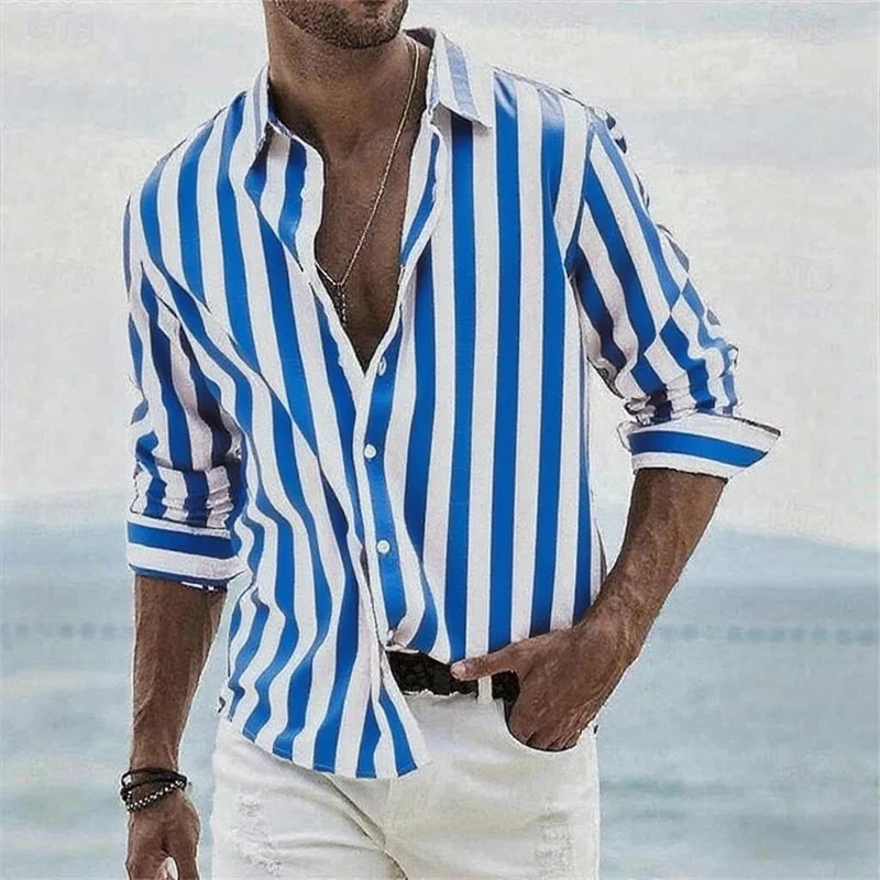 2025 New Men's Long-Sleeved Blue Striped 3D Printed Shirt, High-Quality Luxury Social Men's Wear, Fashionable Hawaiian Shirt