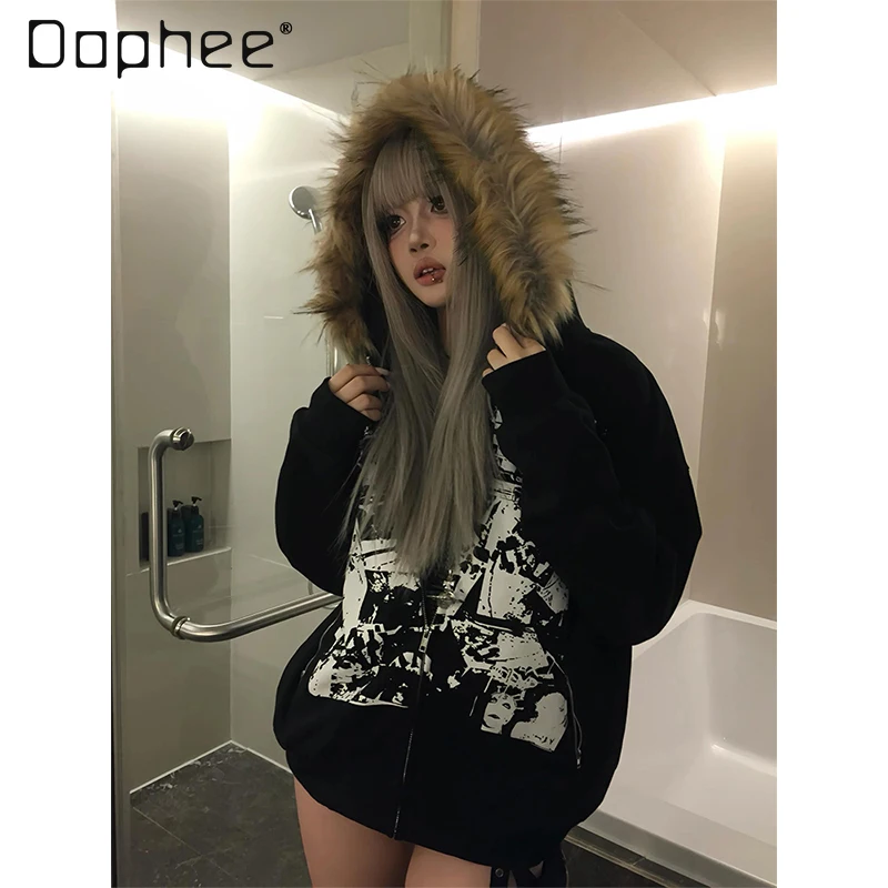 

Casual Hooded Fur Collar for Women Harajuku Y2k Printed Punk Sweatshirt Hiphop Loose Black Hoodies Street Fashion 2025 New