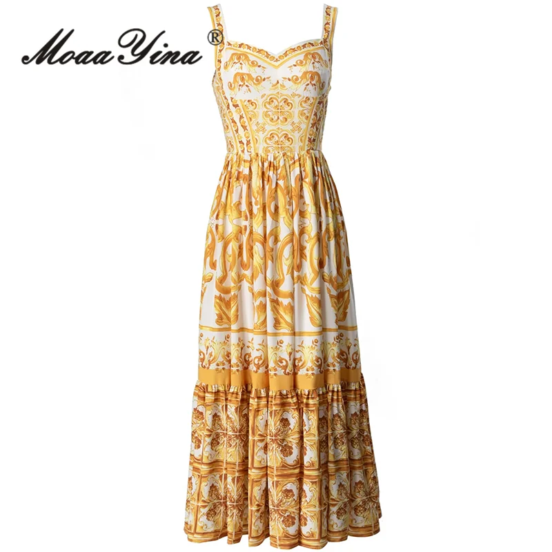 

MoaaYina Summer High Quality New Arrivals Women Dresses Bohemian Print Sexy Spaghetti Strap Backless Temperament Dresses