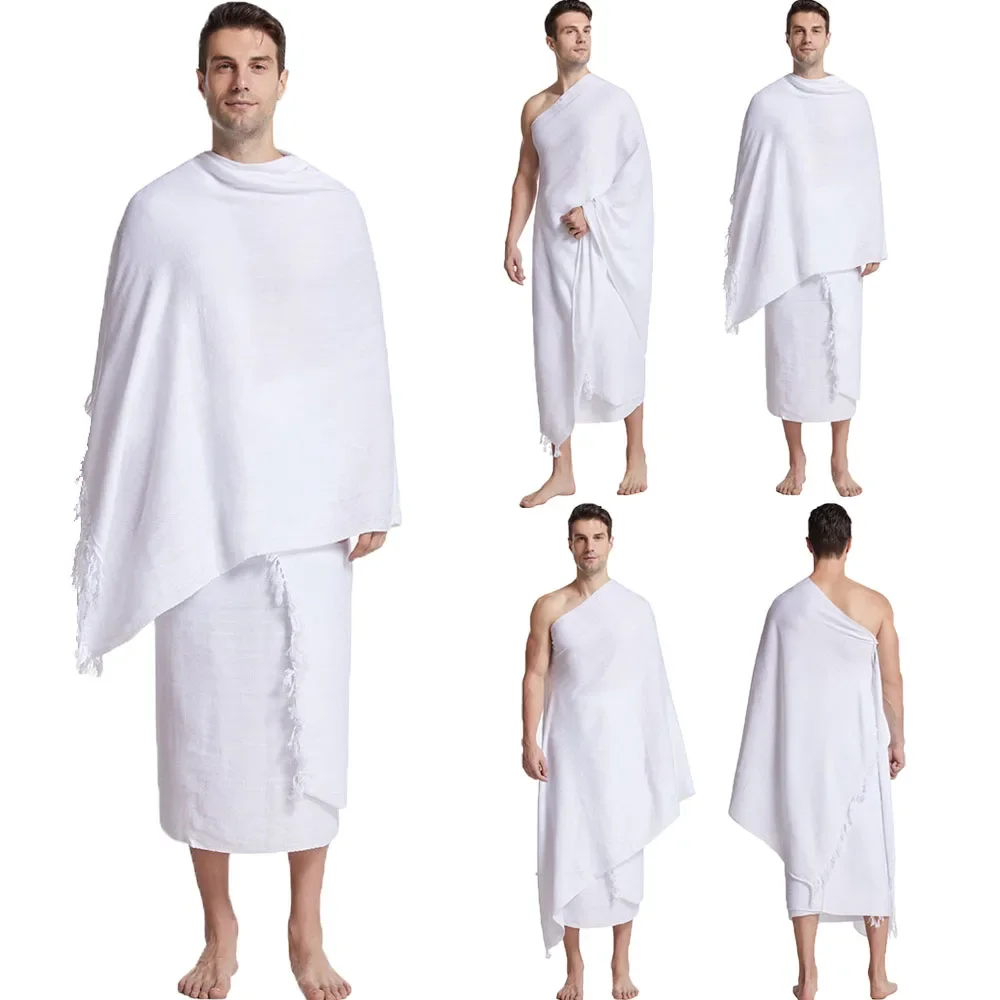 2PCS Islamic Men Prayer Ihram Pilgrimage Towel Muslim Arab Mecca Hajj Clothes Ramadan Boys Worship Costumes Shawl Jubba Thobe