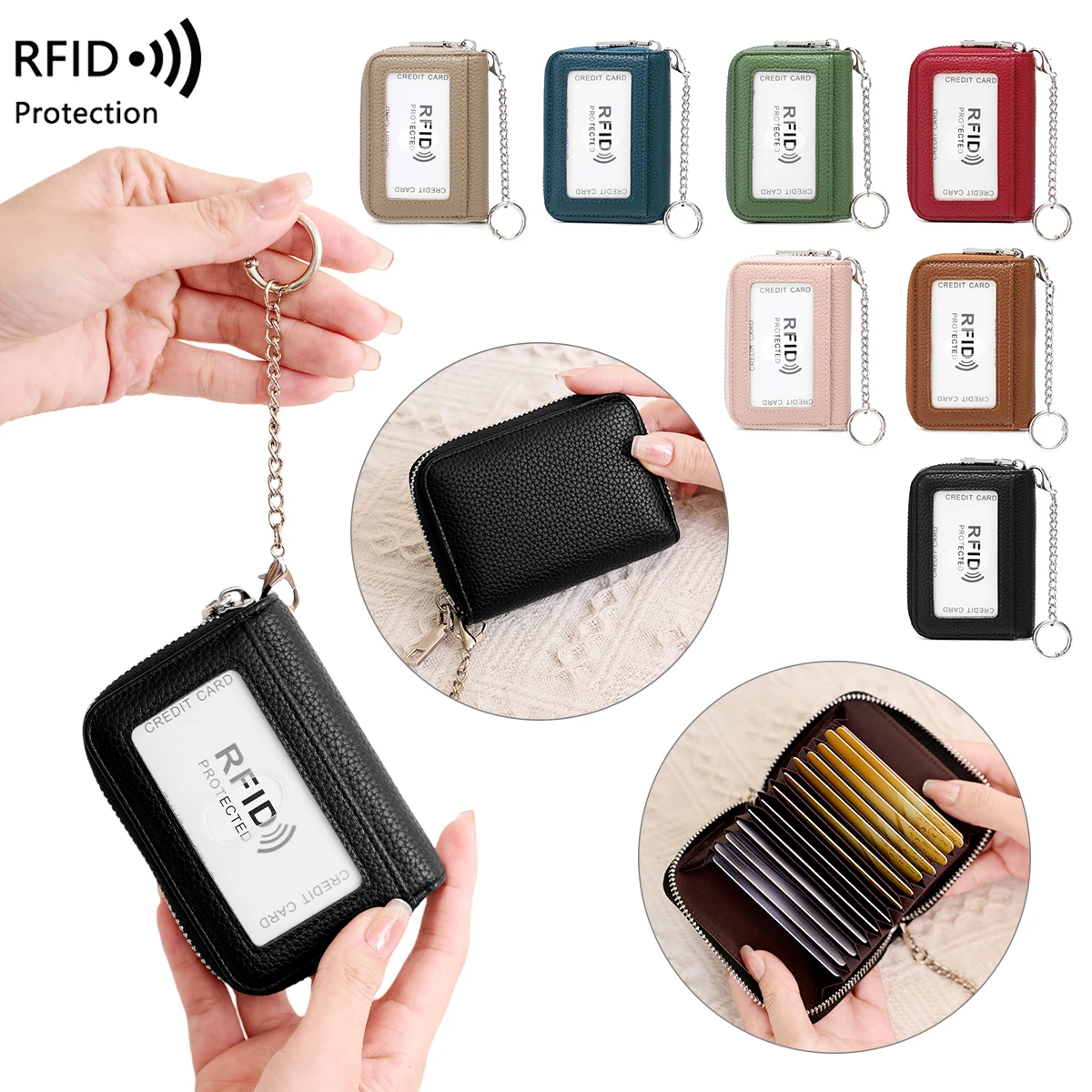 Universal RFID Blocking Wallet with Chain Keychain - Small Zipper Credit Card Bag Men's And Women's Coin Purse Card Storage
