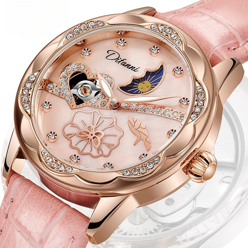 Stainless Steel Shell Dial Skeleton Solid Steel Band Waterproof Self-Wind Automatic Mechanical Watch for Women